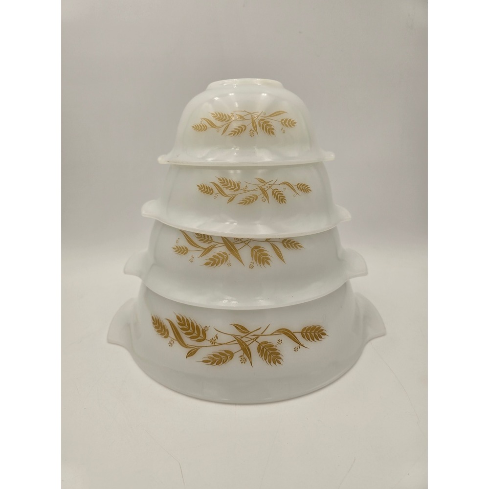 Vintage Sears Golden Harvest Wheat Milk Glass Mixing Bowls Set 4 by Jeannette